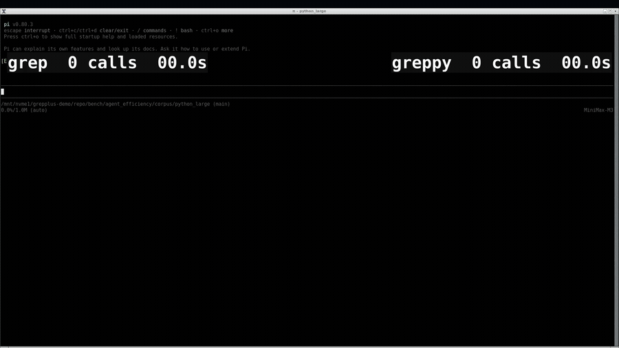Split screen: the same coding agent answers one who-calls question, left with plain grep, right with greppy.