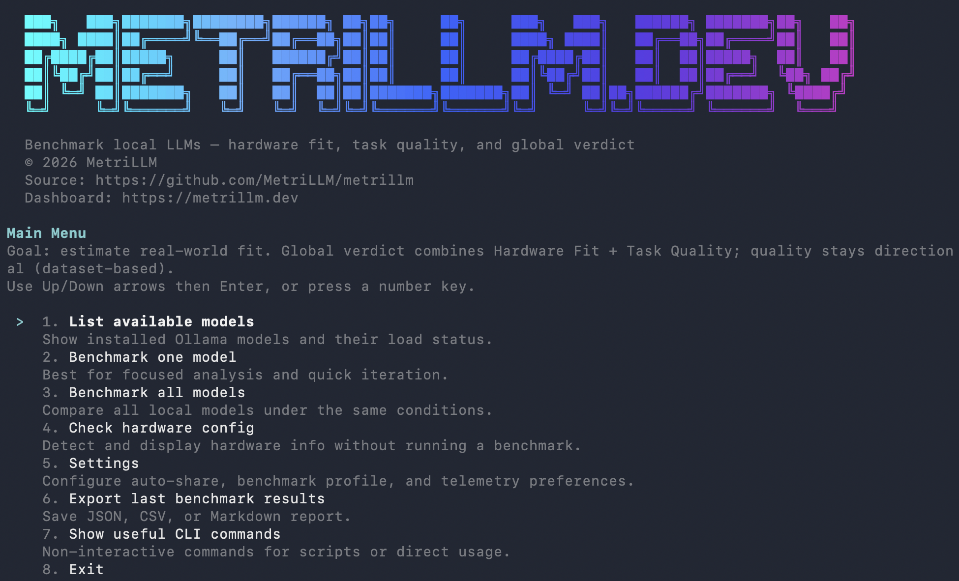 MetriLLM CLI — interactive menu