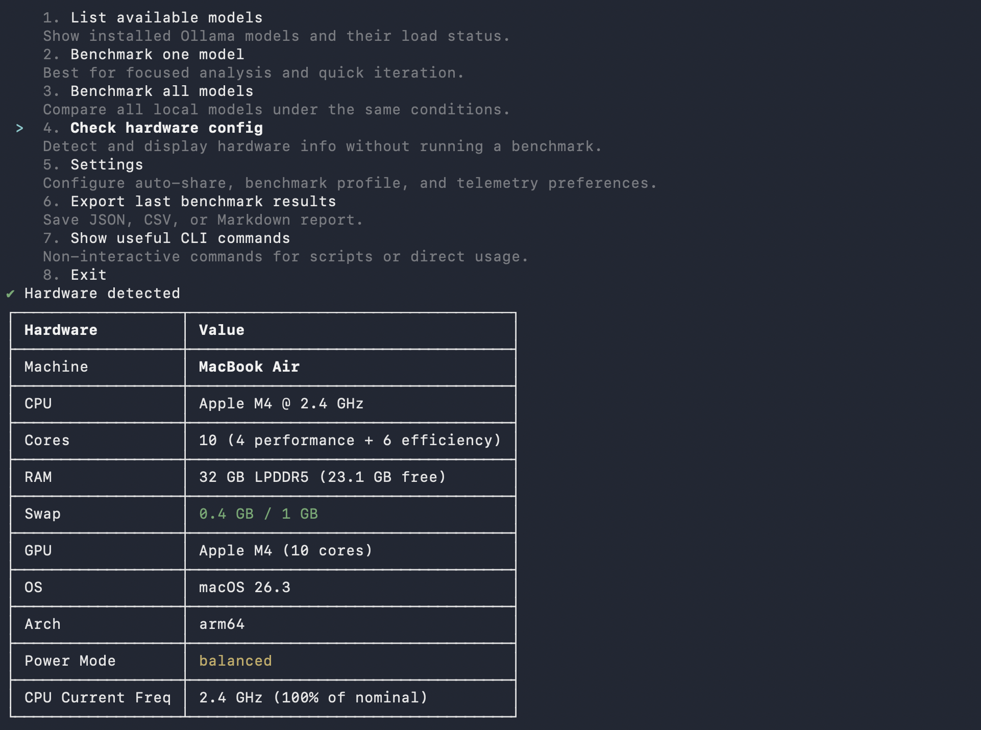 MetriLLM CLI — hardware detection