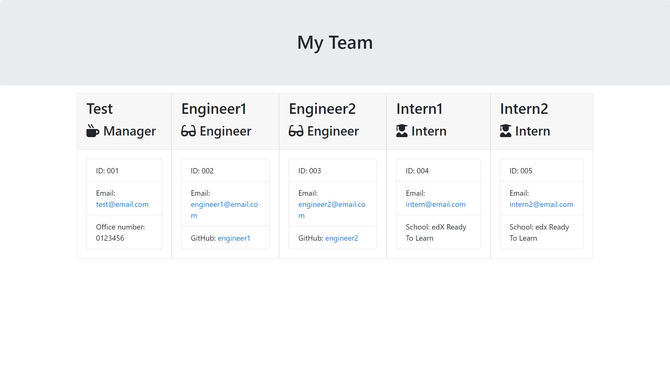 HTML webpage titled “My Team” features five boxes listing employee names, titles, and other key info.