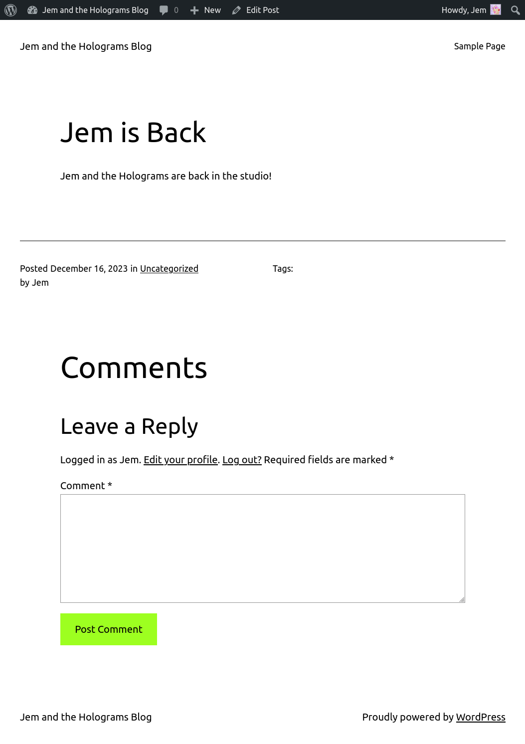 Post on the Jem and the Holograms blog, reading "Jem is Back.  Jem and the Holograms are back in the studio".  There is a comments box, but no comments yet.  In the top right corner an avatar indicates that Jem is logged in.