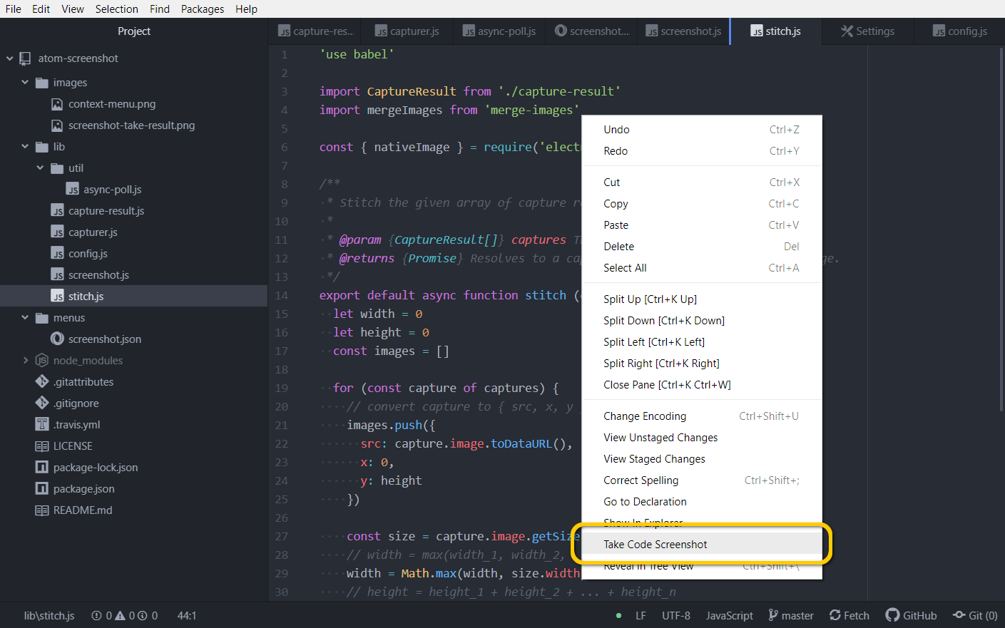 Atom window with opened context menu showing the screenshot option