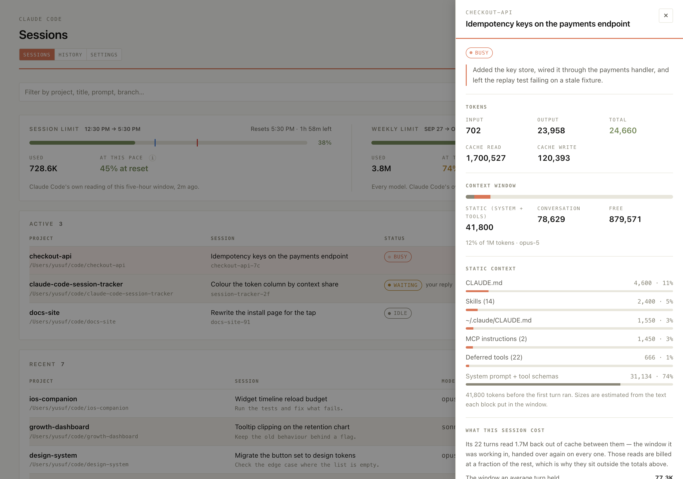 The detail panel for a running session: status and summary, token totals, how full the context window is, what the static context is made of, and what the session cost