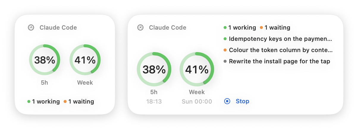 The widget in its small and medium sizes: rings for the five-hour and weekly limits, and in the medium size the running sessions, when each limit resets and a Stop link
