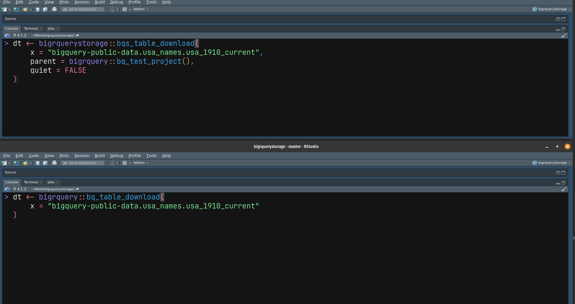 Comparing bq_table_download from bigrquery to bgs_table_download from bigrquerystorage