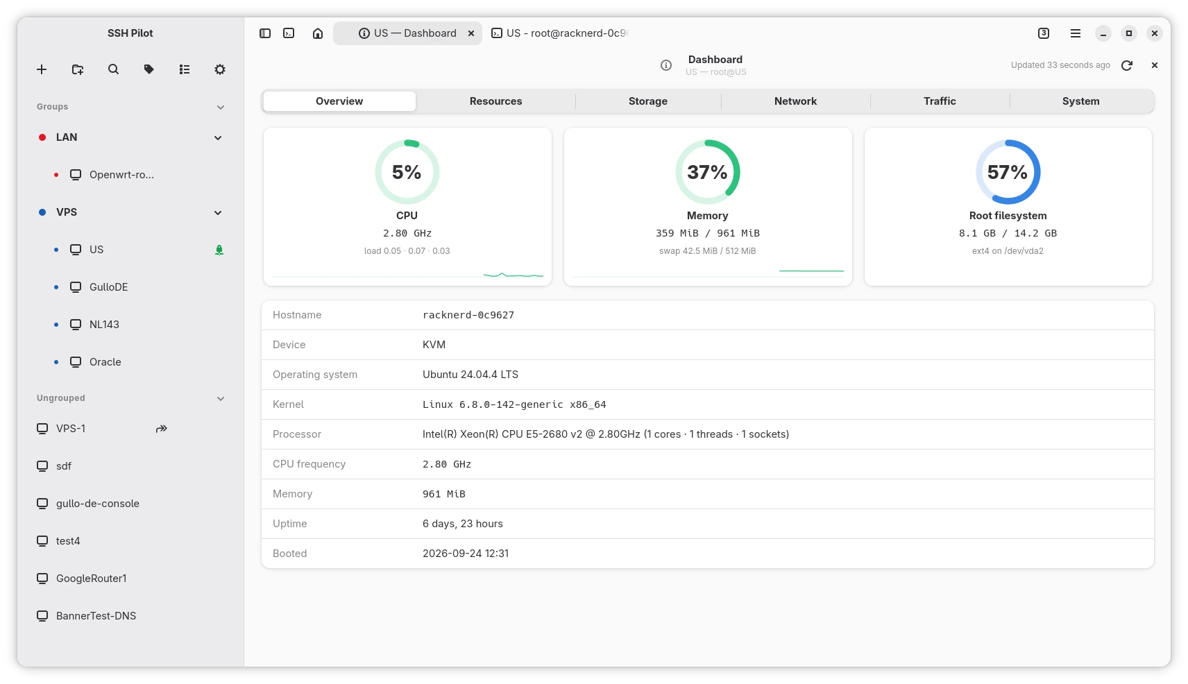 Server dashboard with CPU, memory, and disk usage