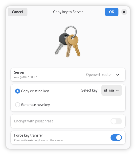Copy key to server dialog