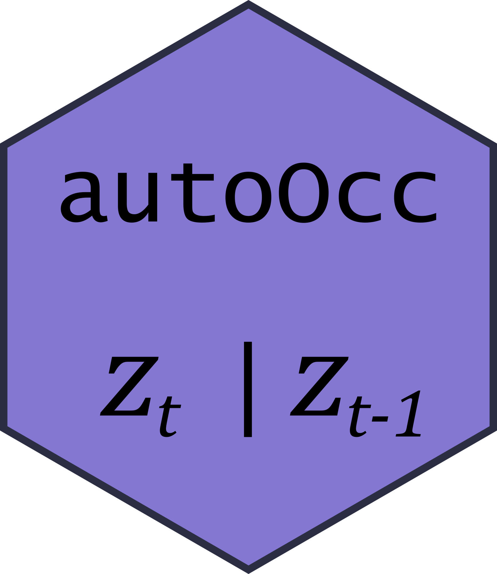 hexagon software logo, light purple background with darker purple outline. At the top in computer type font it says 'autoOcc' while below it in math lettering is z_t | z_{t-1}