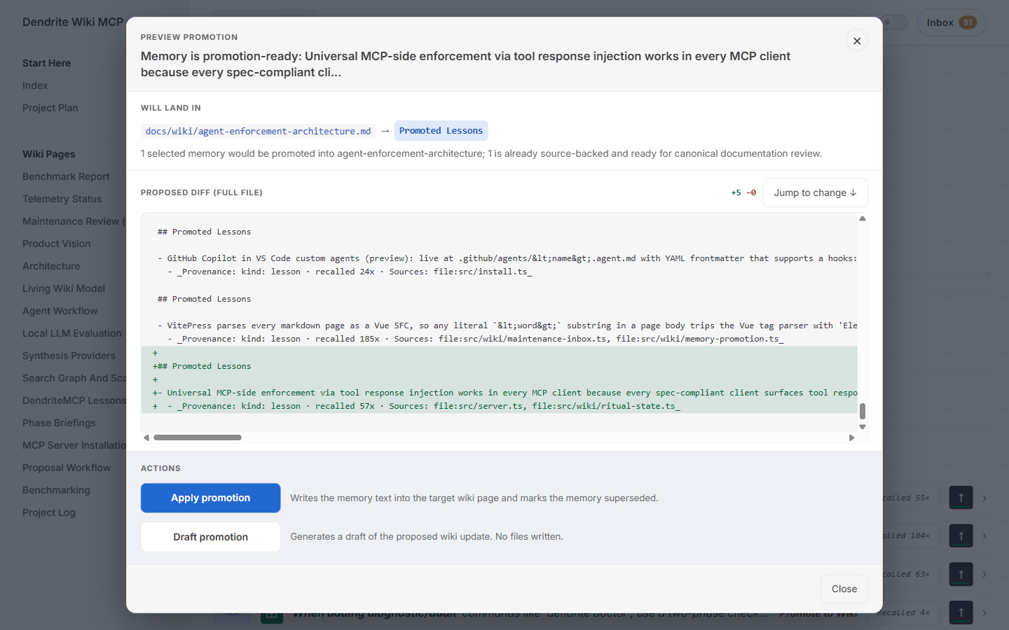 Every irreversible change shows you the diff first. Click Apply, see Done in place. No surprises.