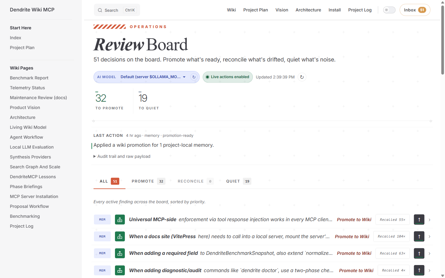 Review and apply agent-suggested updates from your browser. Findings group by action; click any row for the full detail and diff.