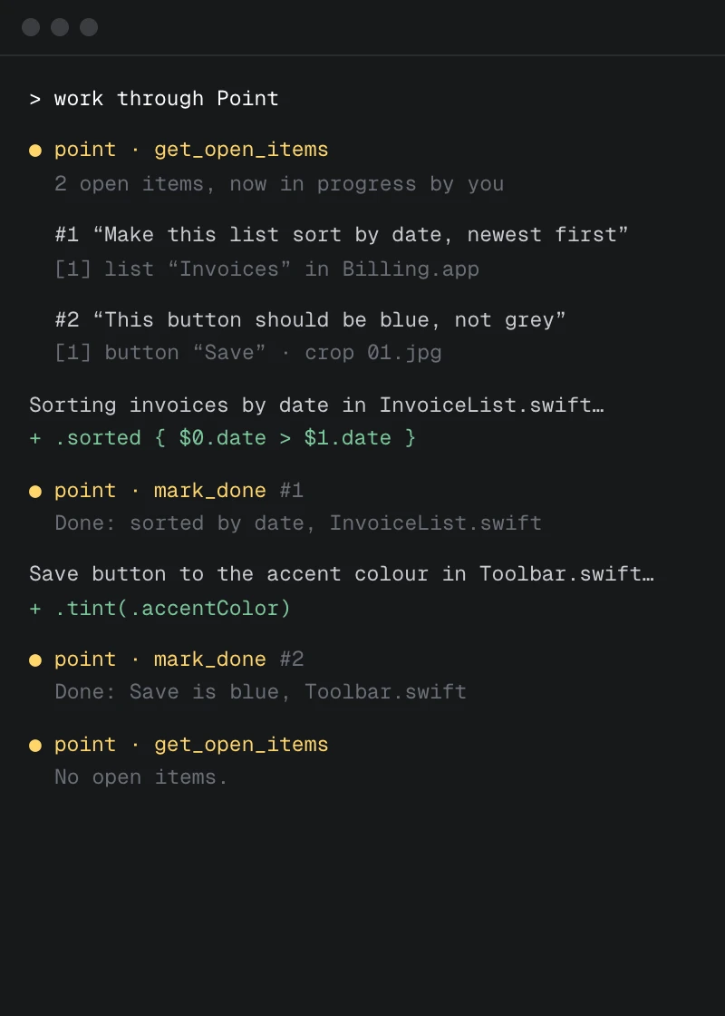 An agent terminal calling get_open_items and mark_done