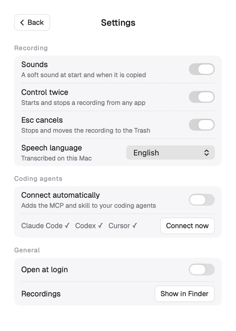 Settings: sounds, Control twice, Esc, speech language, coding agents