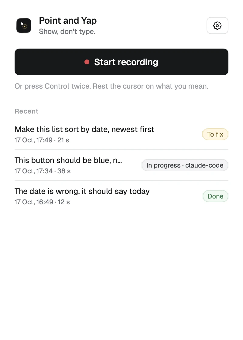 The window: Start recording and the recent recordings with their state