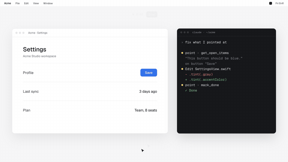 Press Control twice, point at a button and say what is wrong; the coding agent fixes it and marks it done