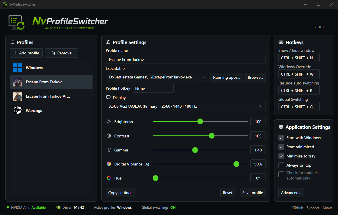 Actual NvProfileSwitcher application profile editor screenshot
