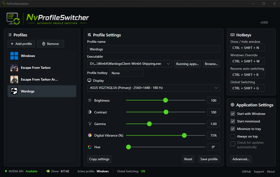 Real screenshot of the NvProfileSwitcher v3 main window