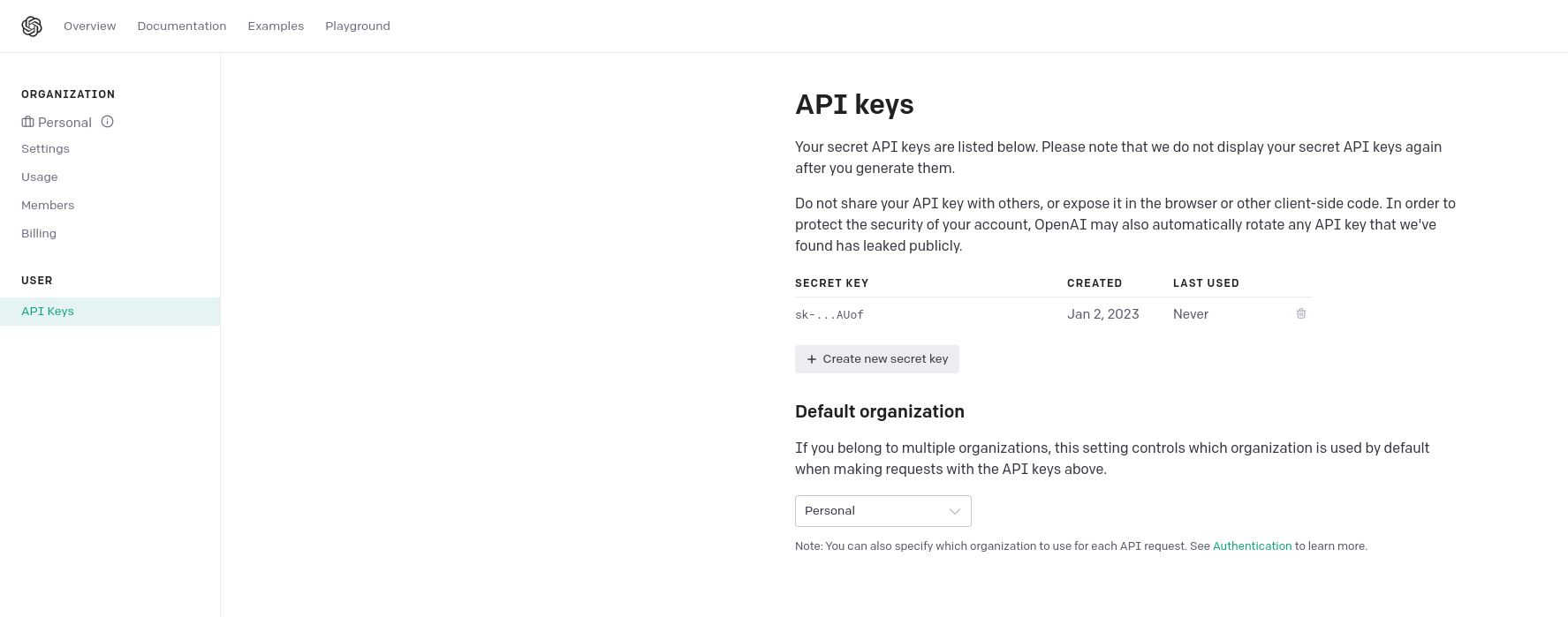 Creation of API key