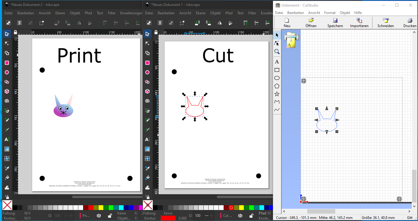 Screenshots of Inkscape print and cut file and CutStudio output, side by side