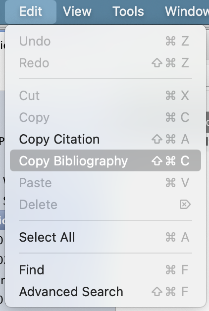 A screenshot Zotero's edit menu showing the copy citation option