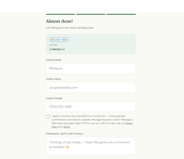 YourKitchen coordinator checkout screen showing the phone number field and the SMS consent checkbox with the exact consent language and links to Privacy Policy and Terms.