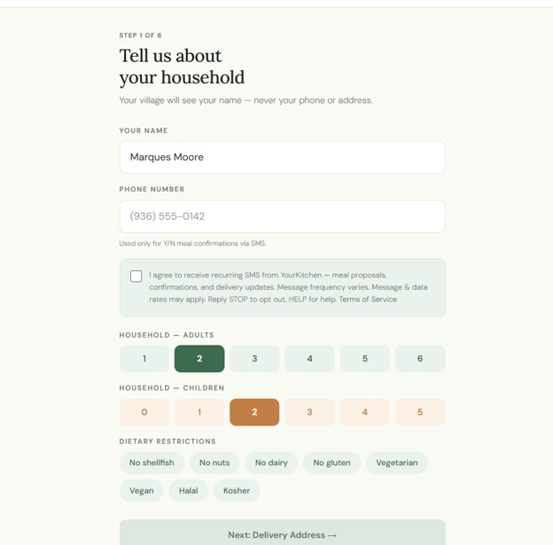 YourKitchen recipient signup screen (Step 1 of 6) showing the phone number field and the SMS consent checkbox with the exact consent language.