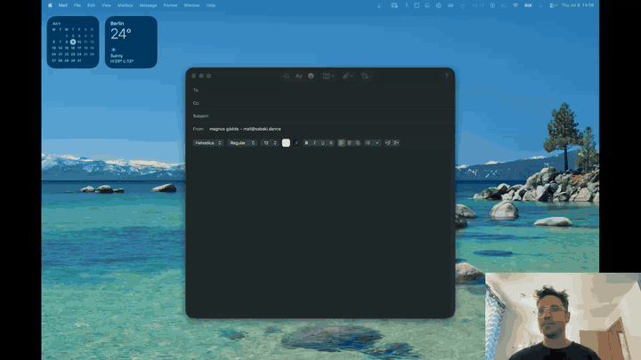 Dictating an email with WhisperShortcut: press the shortcut, speak, and the text lands in Apple Mail
