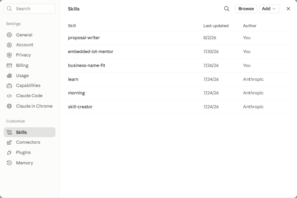 Settings menu with Skills highlighted under Customize