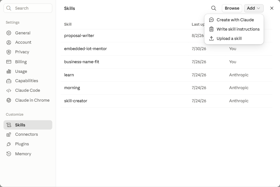 Add skill menu showing Create with Claude, Write skill instructions, and Upload a skill