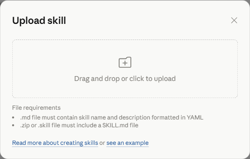 Upload skill dialog with a drag-and-drop area