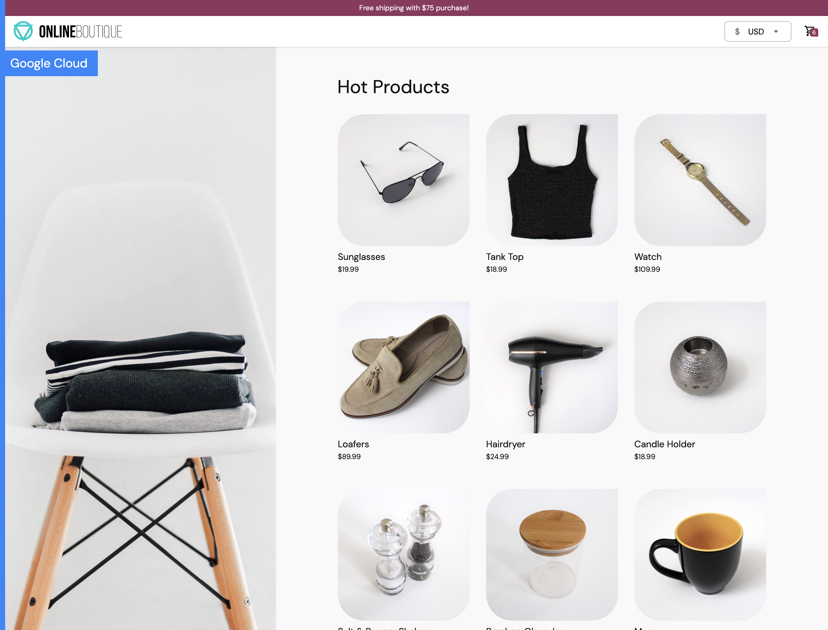 Screenshot of store homepage