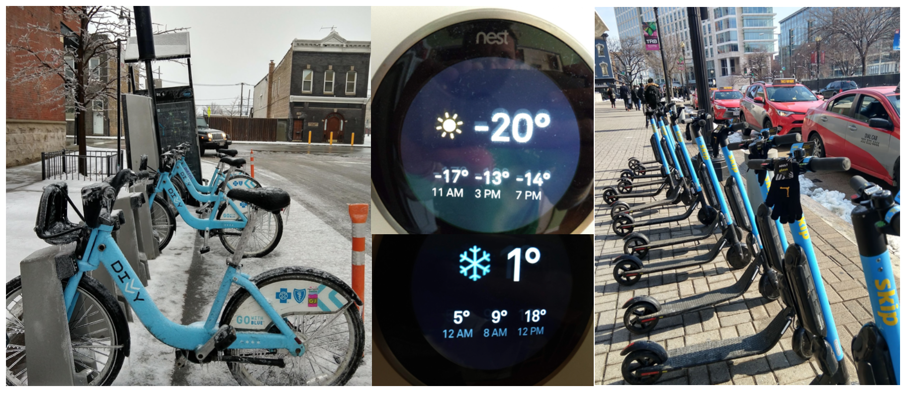 Divvy after an ice storm, Polar Vortex Temperatures, DC Skip Scooters outside TRB (M. Haynes)