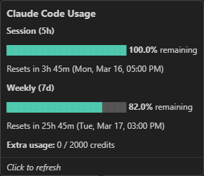 Tooltip showing session and weekly remaining usage