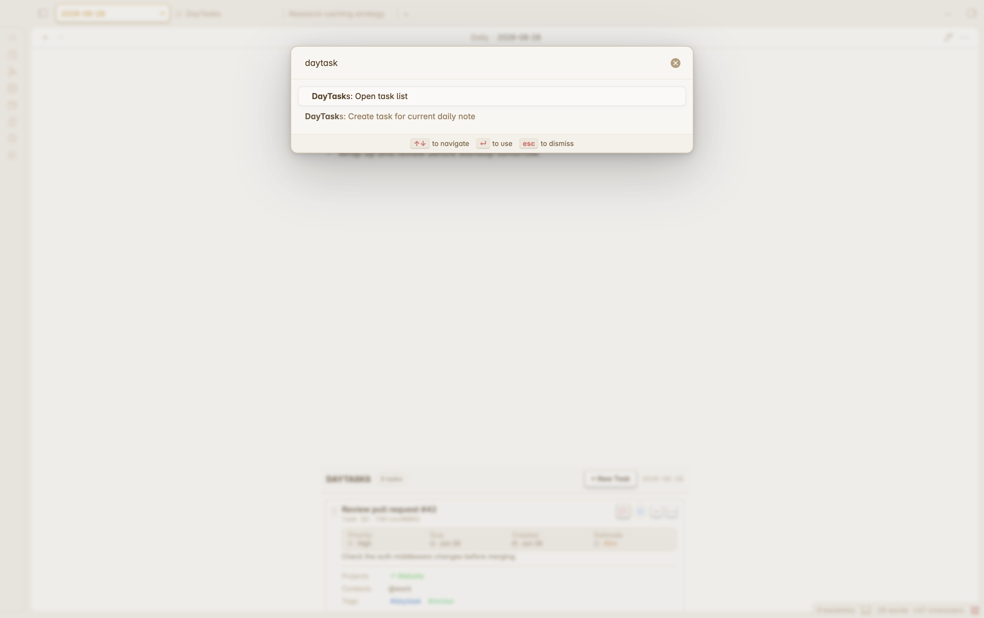 DayTasks commands in the command palette