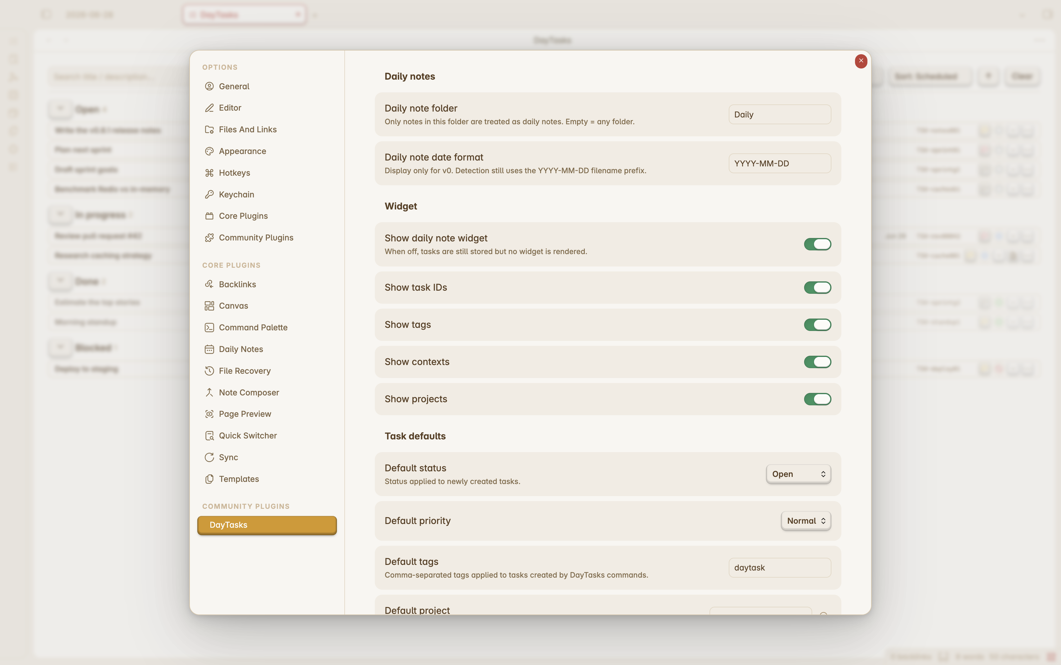 DayTasks settings