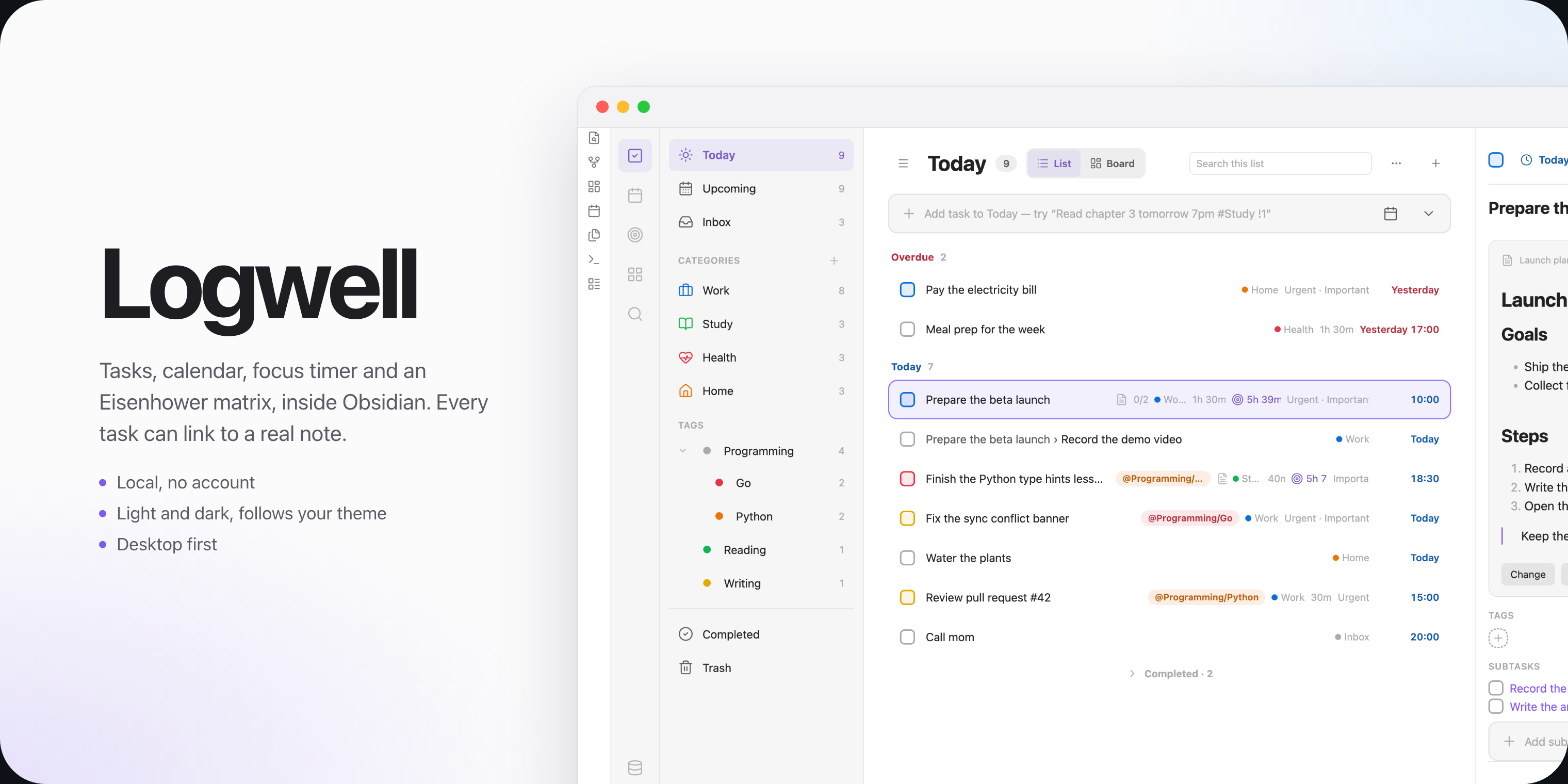 Logwell showing the Today view with lists, tags and a task's details
