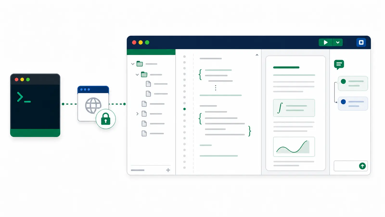 MCP client connected through an authenticated web session to an Overleaf workspace for project files, LaTeX editing, compilation, and review replies