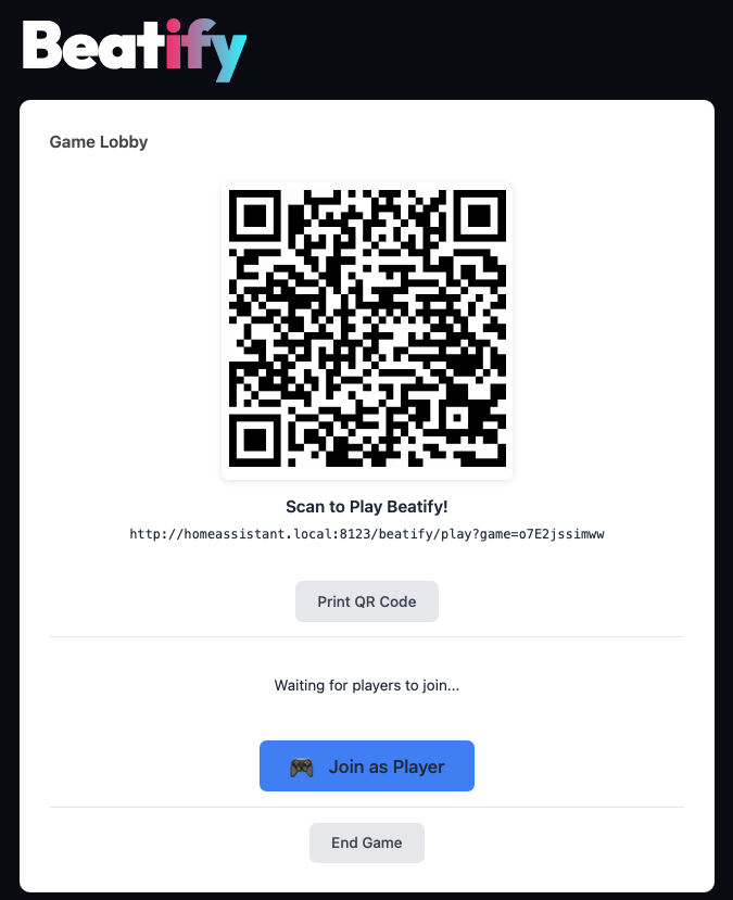 Beatify QR code lobby — guests scan to join the music trivia game