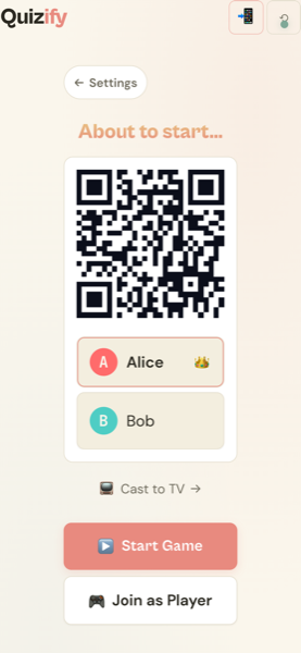 The Quizify lobby — QR code, player roster, Start Game button