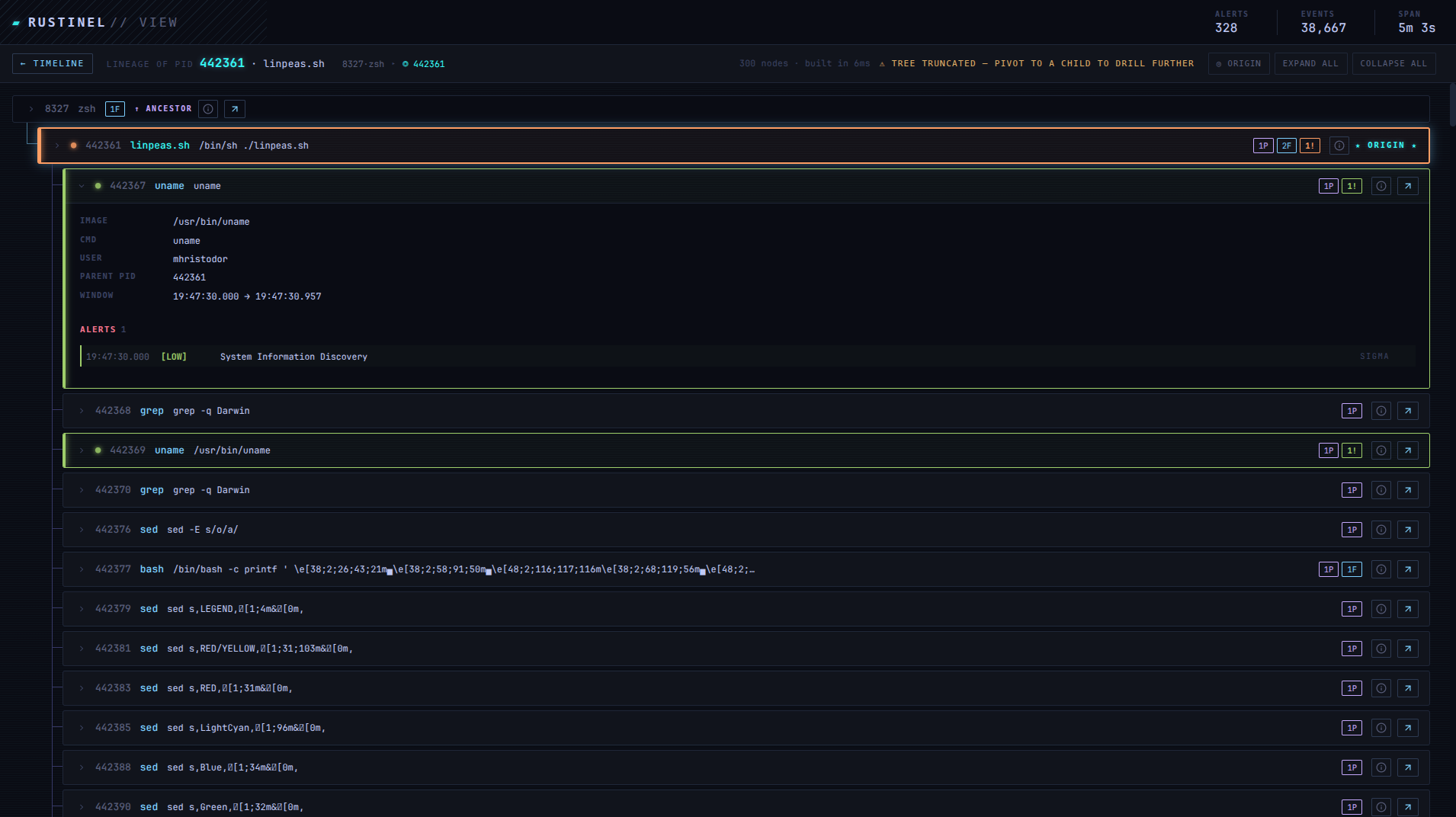 rustinel-view process lineage: the tree rooted at a pivoted process, with per-node alerts inlined and ancestor context above