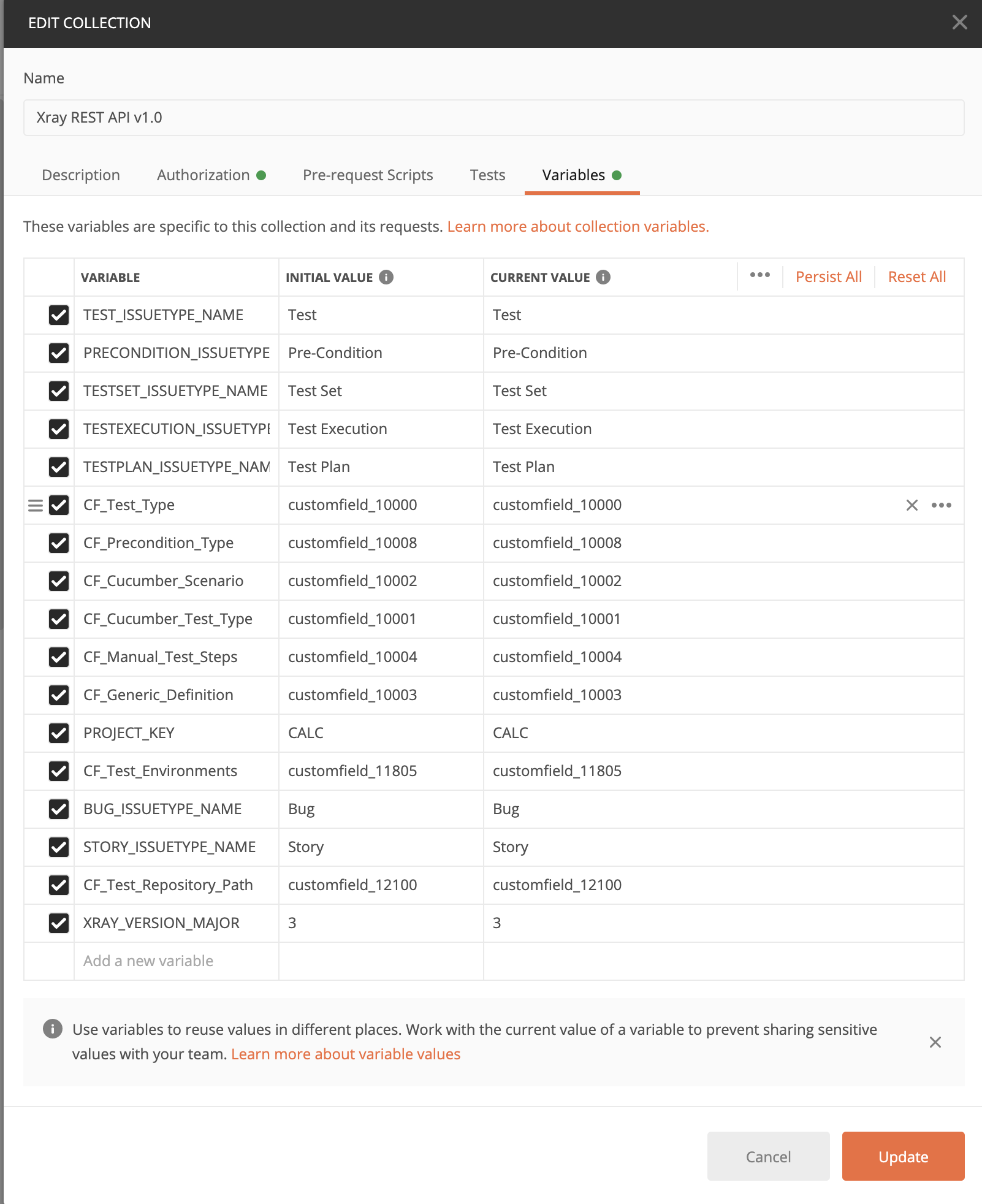 collection variables for Xray REST v1