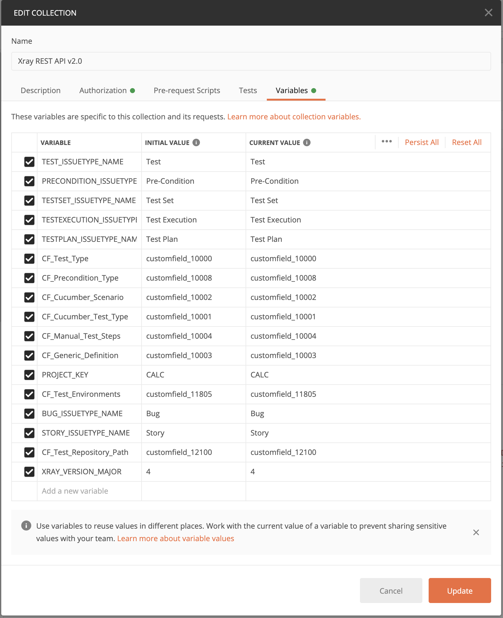 collection variables for Xray REST v2