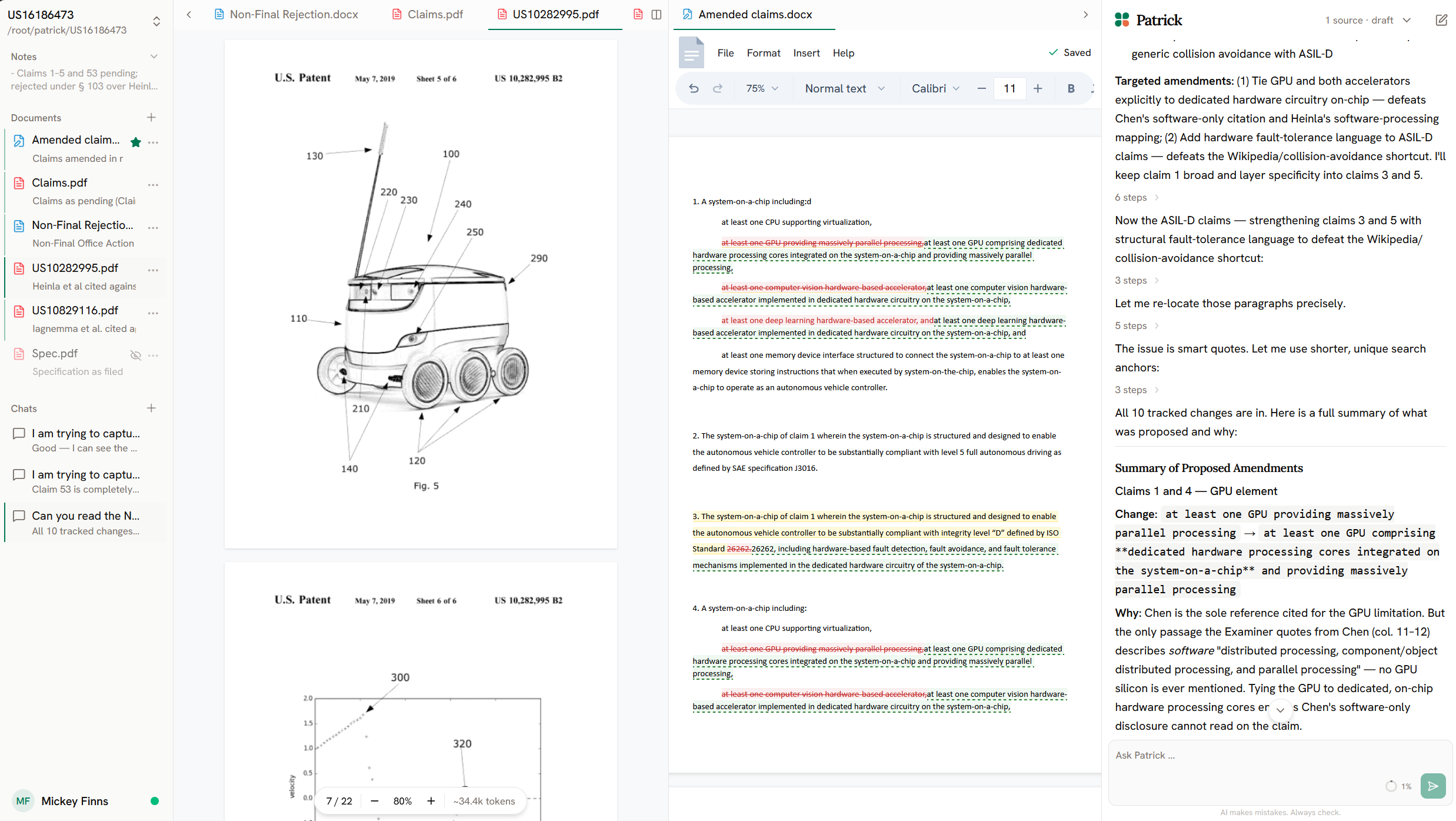 The Patrick workspace — the editor with tracked changes and the chat panel