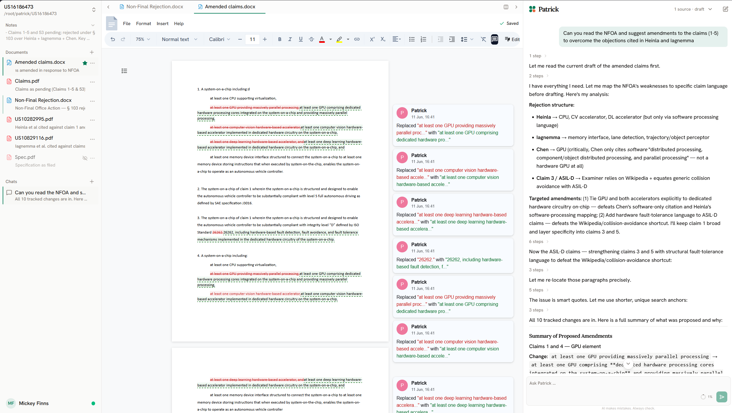 Tracked changes in a .docx, proposed by the agent