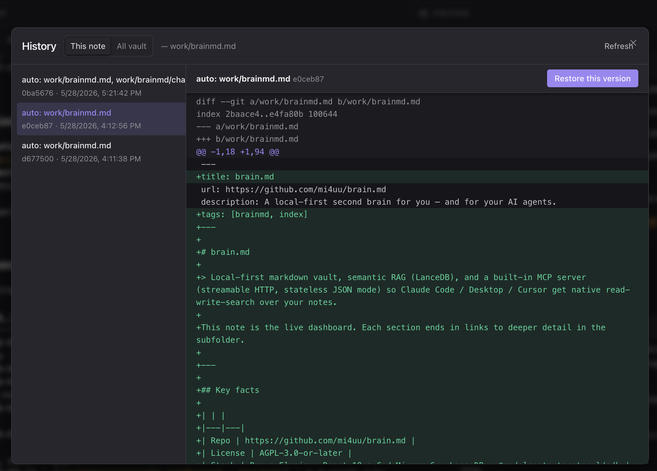 Note history with unified diff and one-click restore