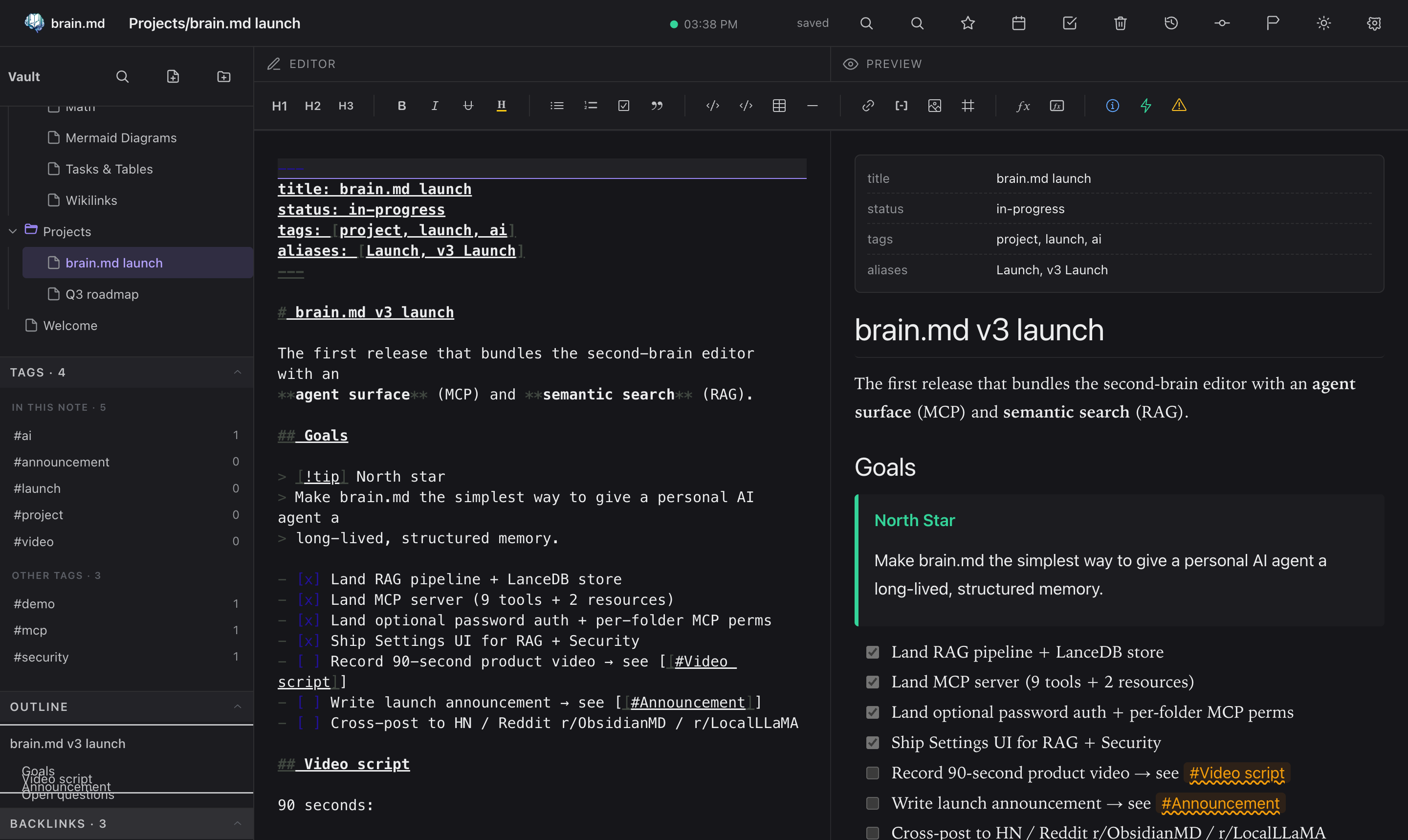 Editor + preview, sidebar with backlinks
