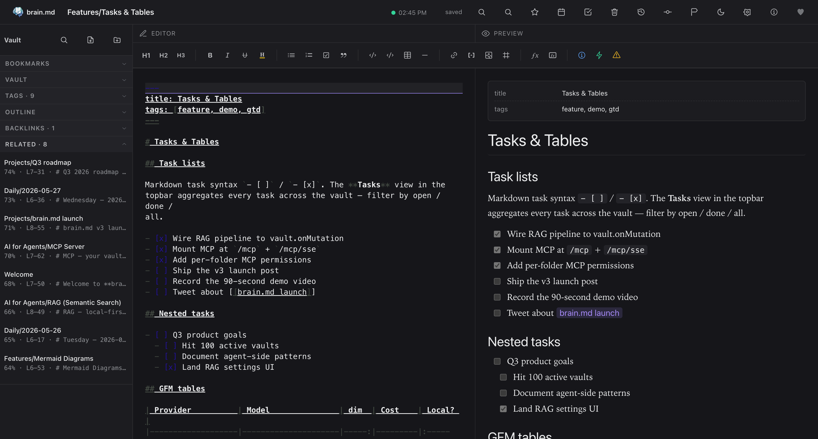 Related sidebar panel with 8 semantically close notes