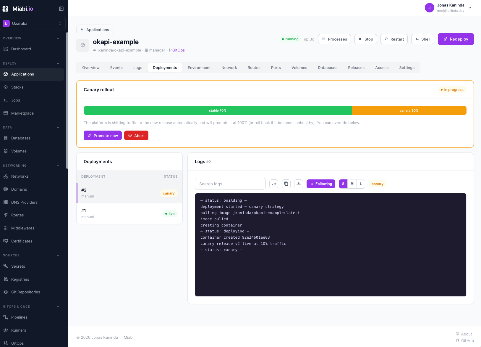 Canary strategy — weighted traffic split between the stable and canary releases