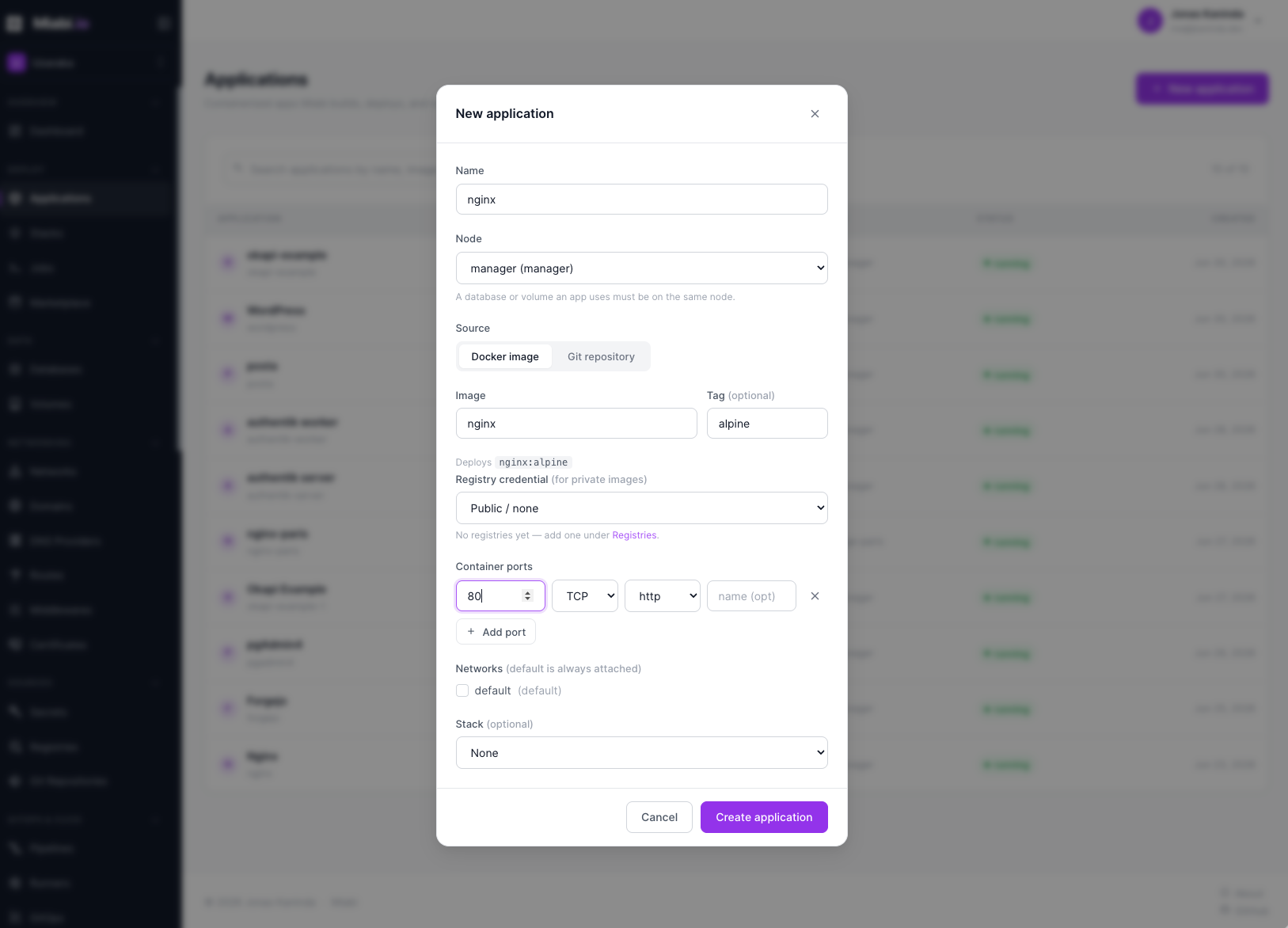 Deploy a new application from Git, image, or template