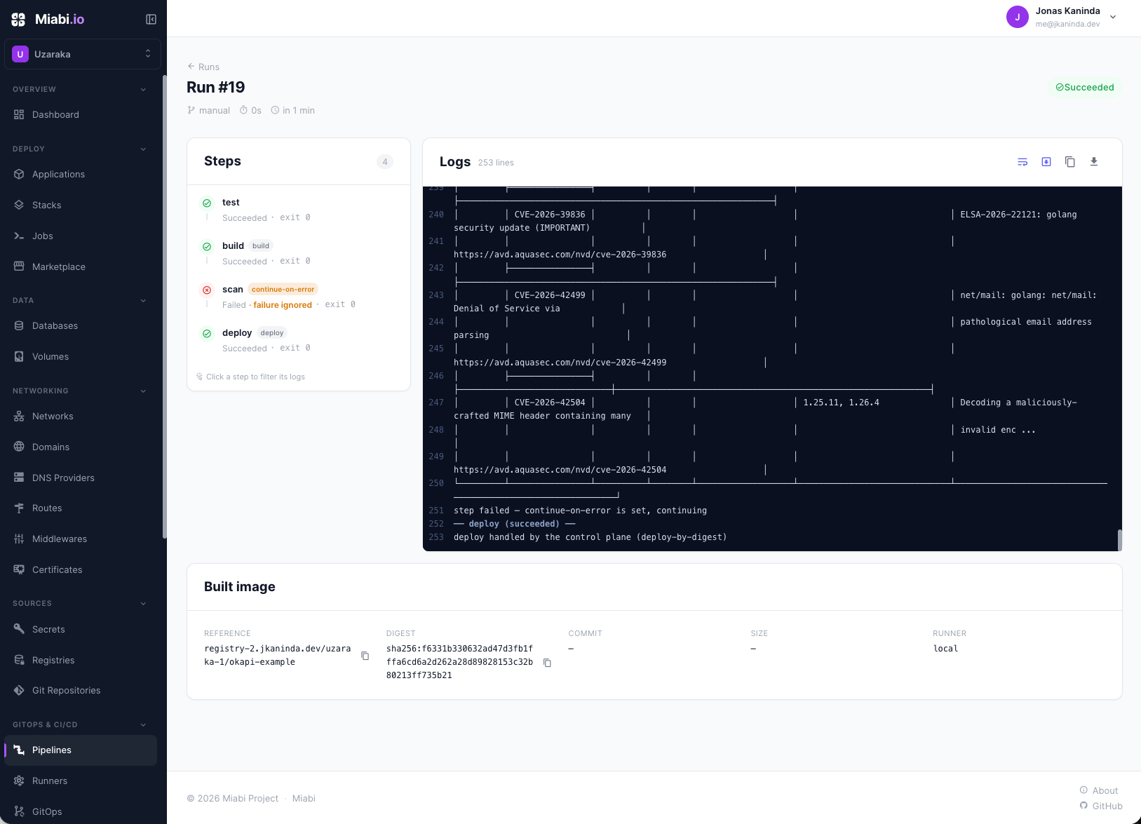 CI/CD pipelines with live per-step logs
