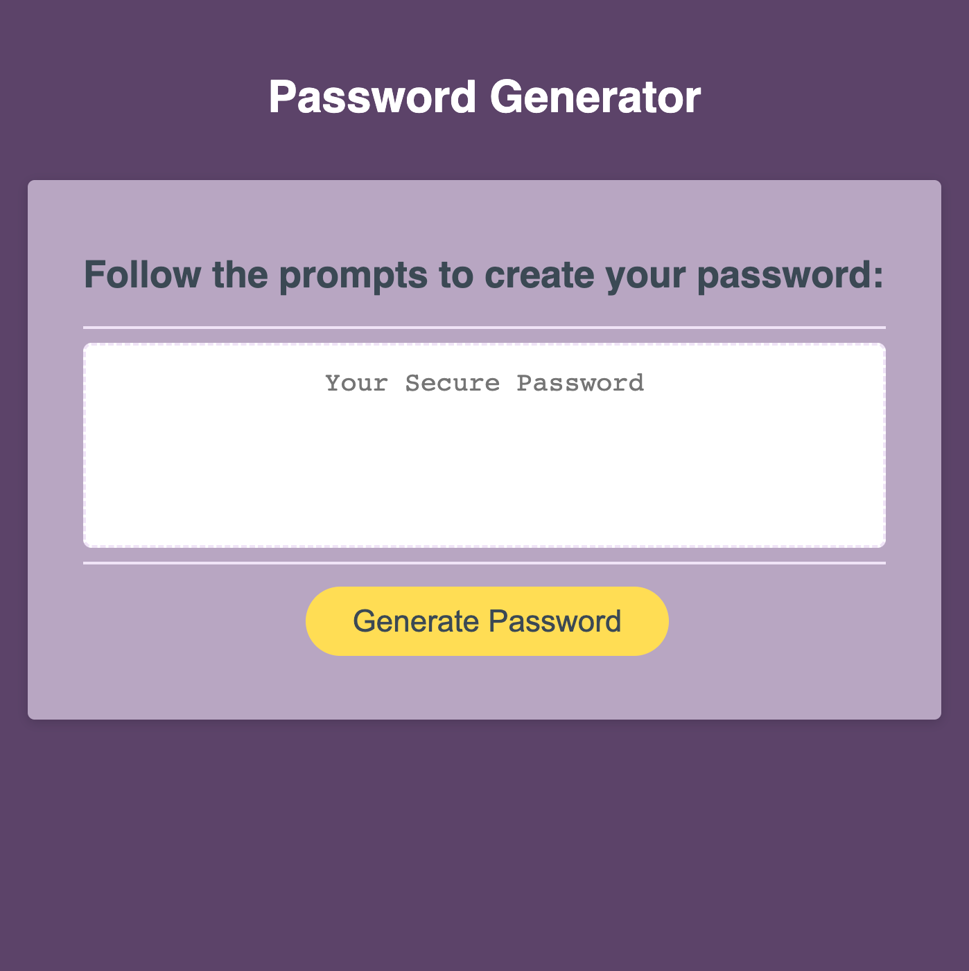 Lavender purple screenshot with lighter focal point containing the password generator. A sunflower yellow button reading "Generate Password" rests below a white textbox with placeholder text "Your Secure Password."